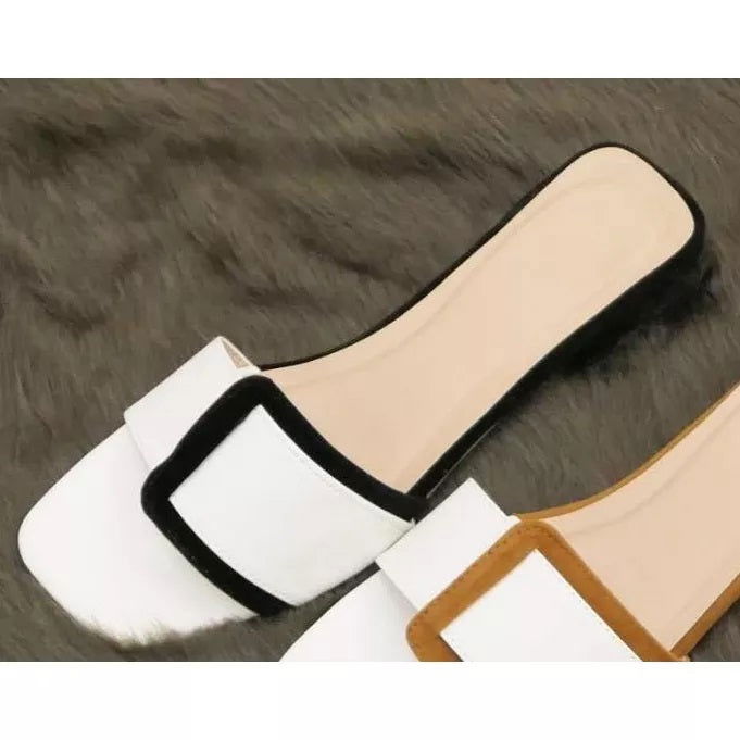 Women’s 1-Inch Block Heels Fairy Style Slippers Sandals Black White Beige - SCSSTORE.PK