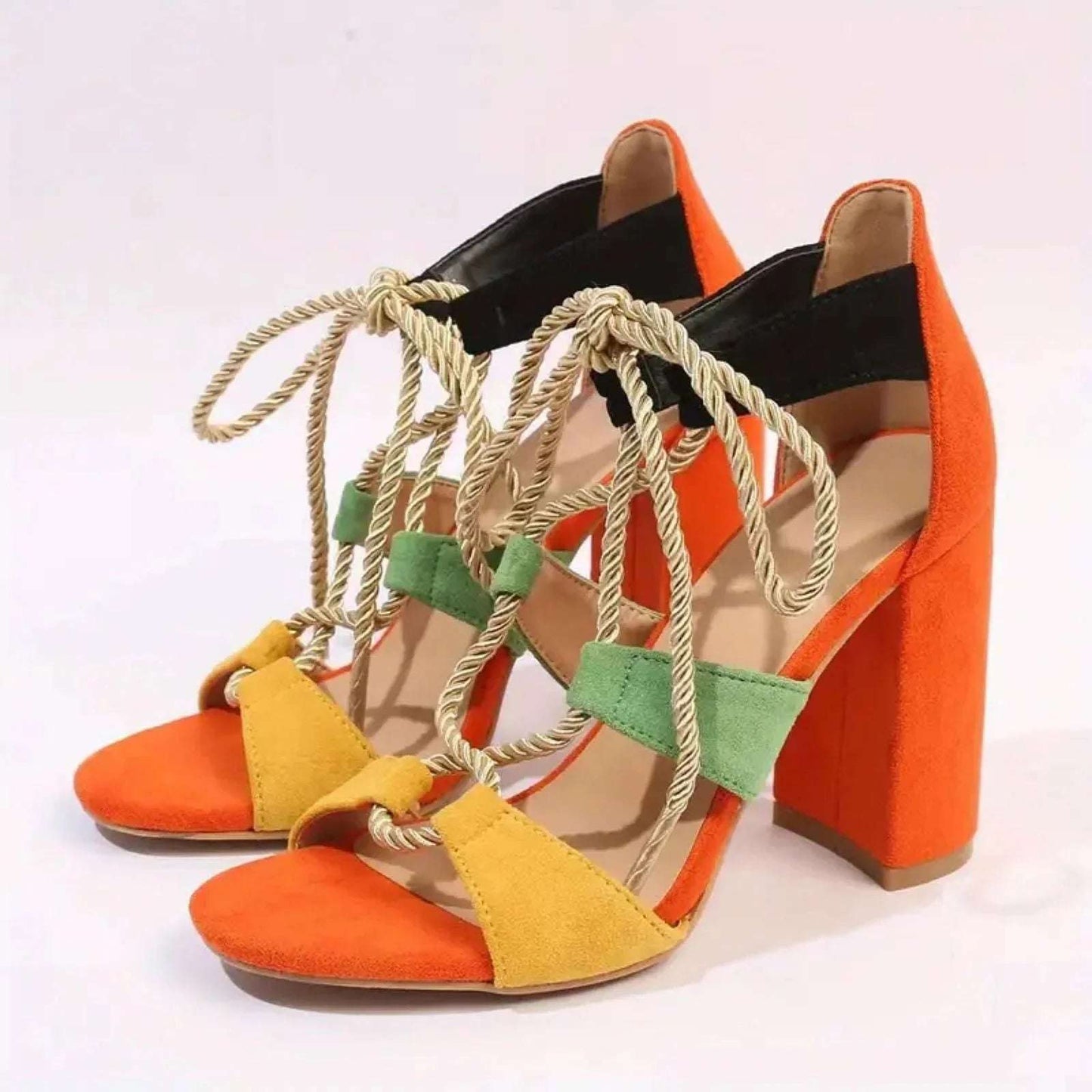 Women’s Multi-Color Cross Strip Lace-Up Block Heels | Elegant & Comfortable - SCSSTORE.PK