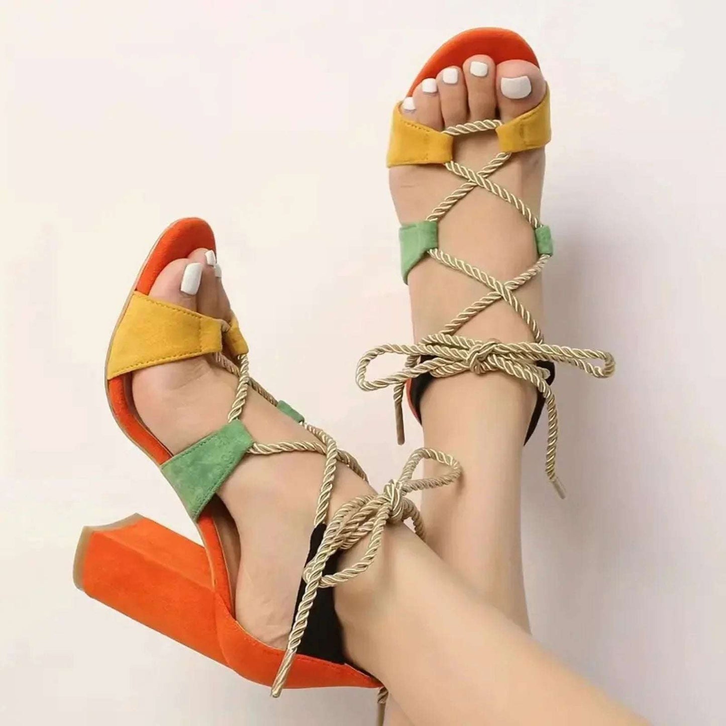 Women’s Multi-Color Cross Strip Lace-Up Block Heels | Elegant & Comfortable - SCSSTORE.PK