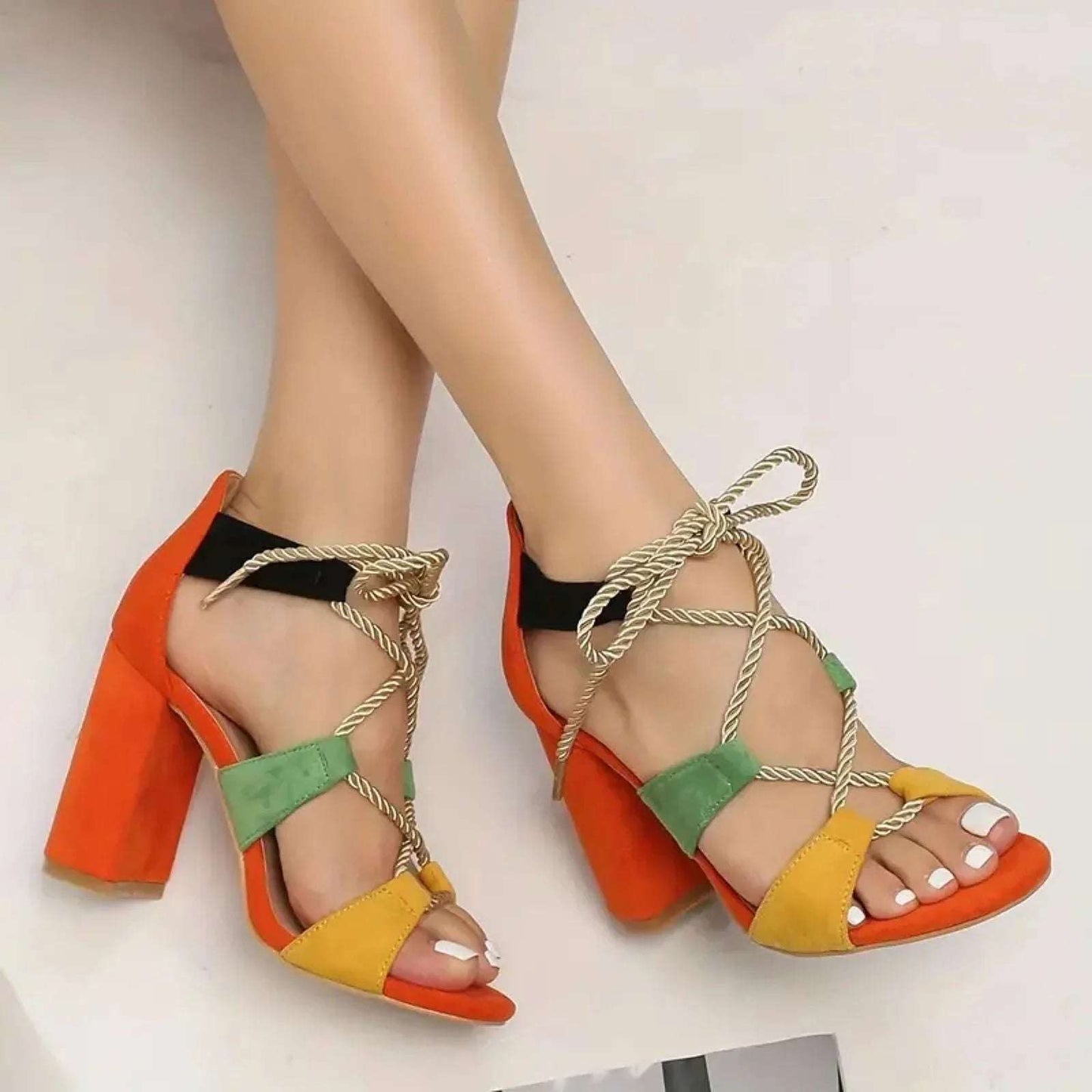 Women’s Multi-Color Cross Strip Lace-Up Block Heels | Elegant & Comfortable - SCSSTORE.PK