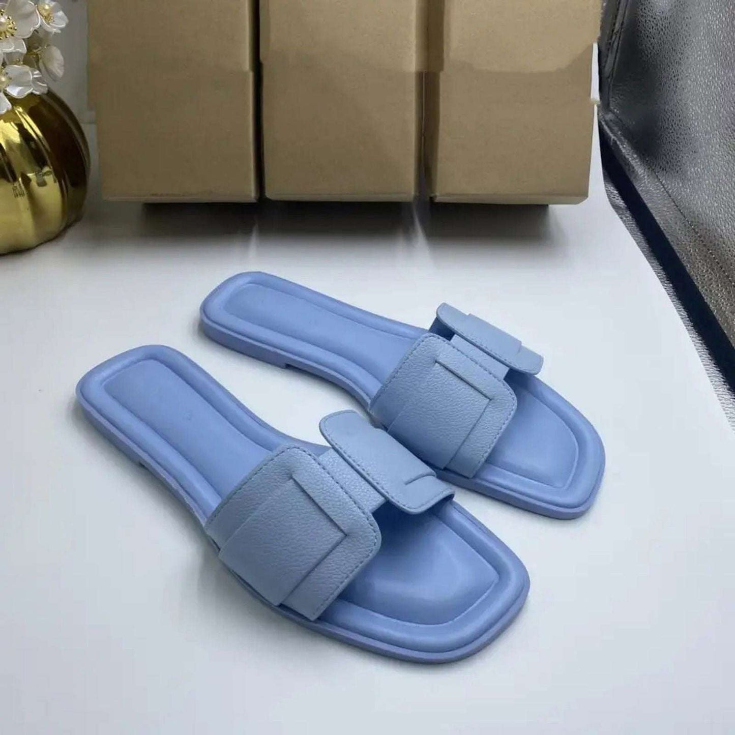 Women’s Glamour Flat Slides – Soft & Stylish Sky Blue