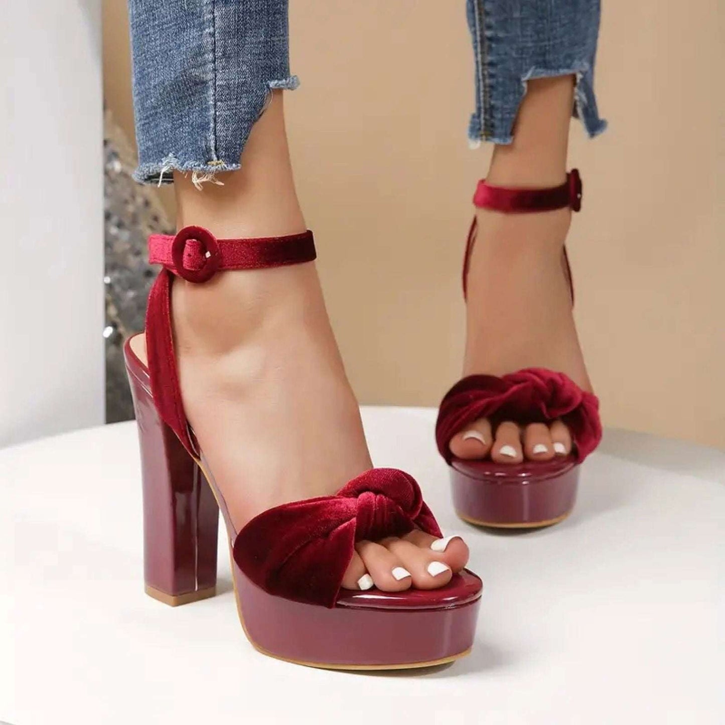 Women’s Maroon Block Heels Sandals Weddings Parties Comfortable - SCSSTORE.PK