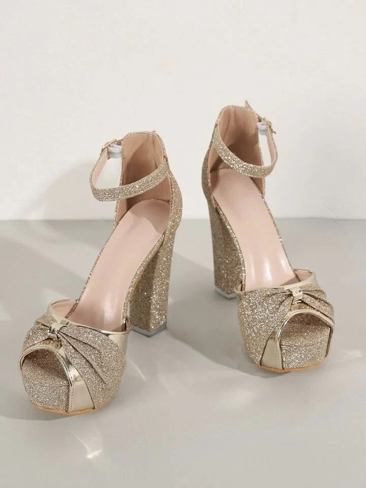 Women’s Metallic Block Heels Sandal with Platform Golden | Party & Bridal - SCSSTORE.PK