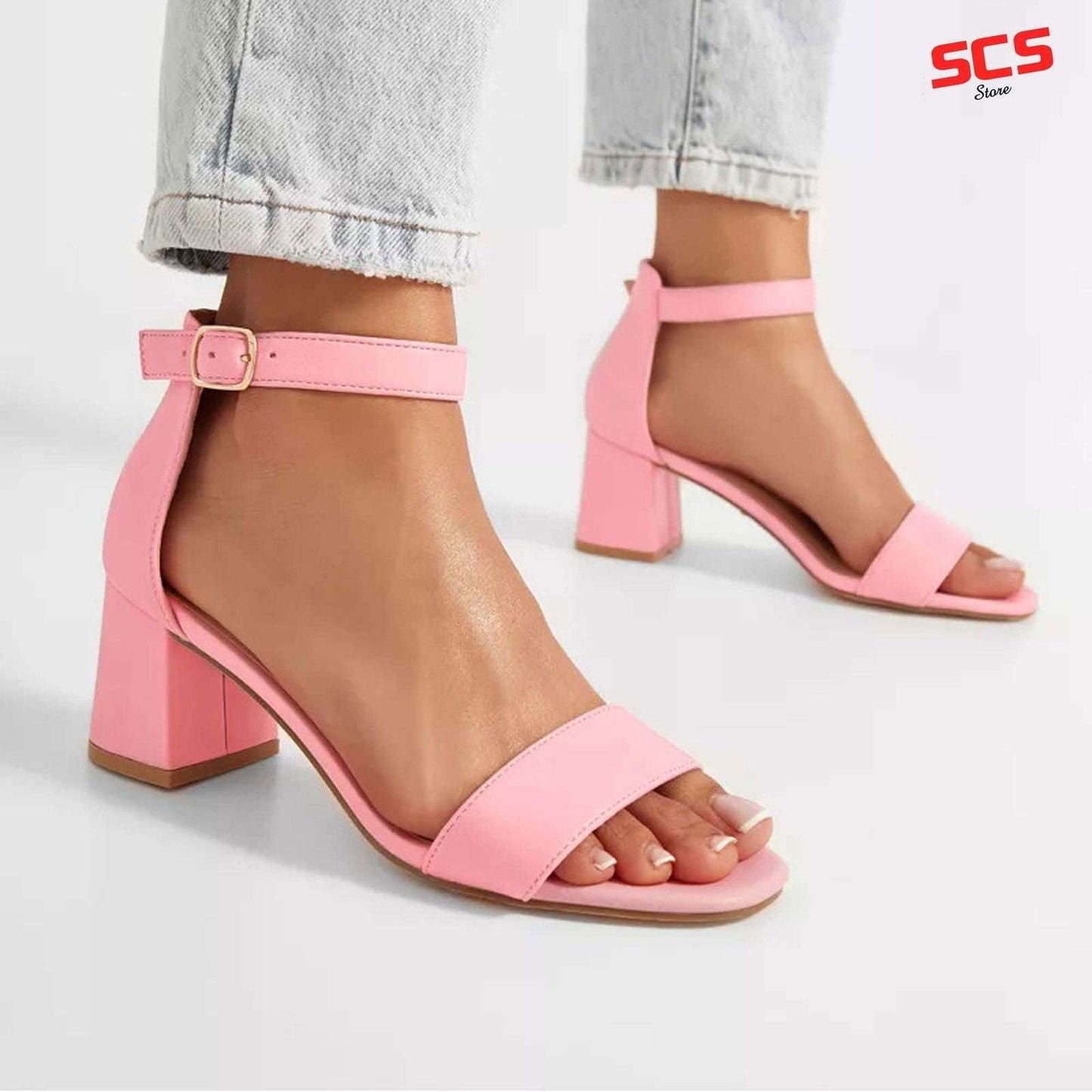 Women’s Mid Block Heel Sandals Elegant & Comfortable Black, Beige, Pink, White, Golden - SCSSTORE.PK