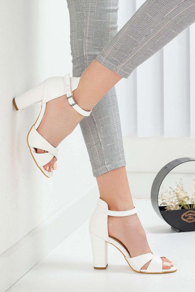Comfortable White Mid Block Heels for Women