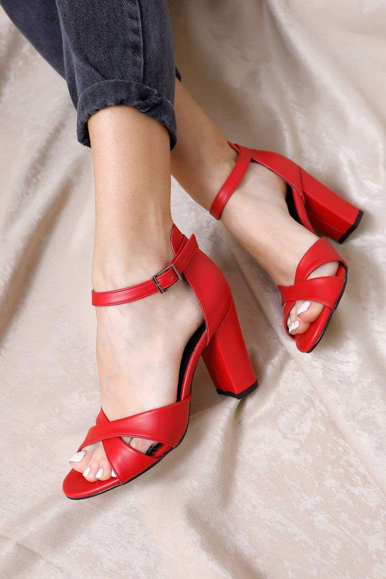 Elegant Red Mid Block Heels Sandals