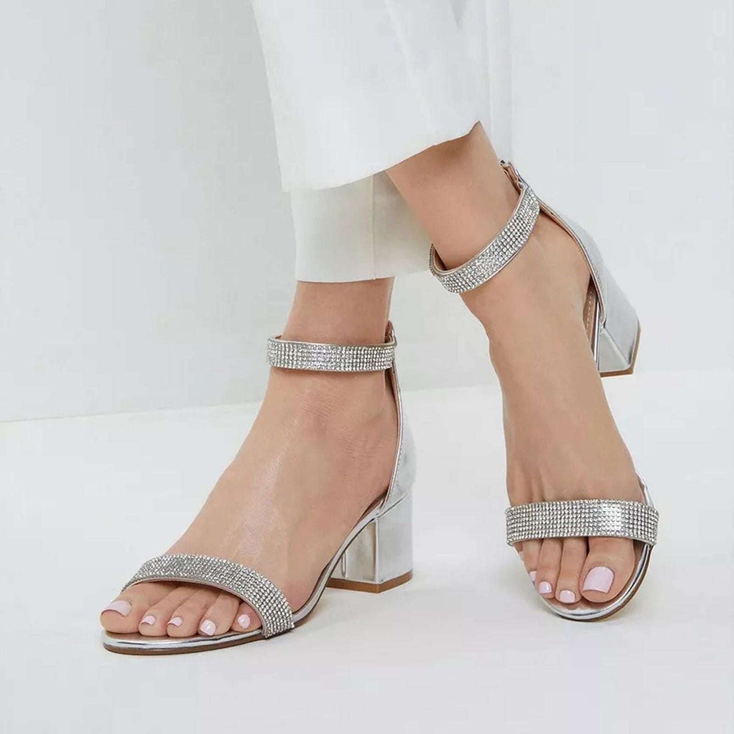 Women’s Pearl Mid Block Heels Sandals White Black Silver Beige - SCSSTORE.PK