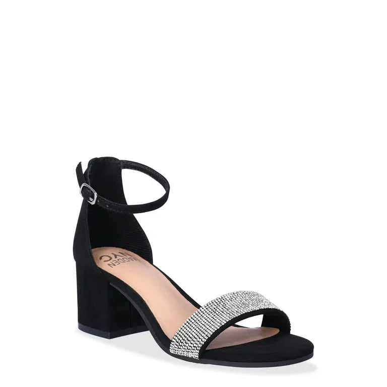 Women’s Pearl Mid Block Heels Sandals White Black Silver Beige - SCSSTORE.PK