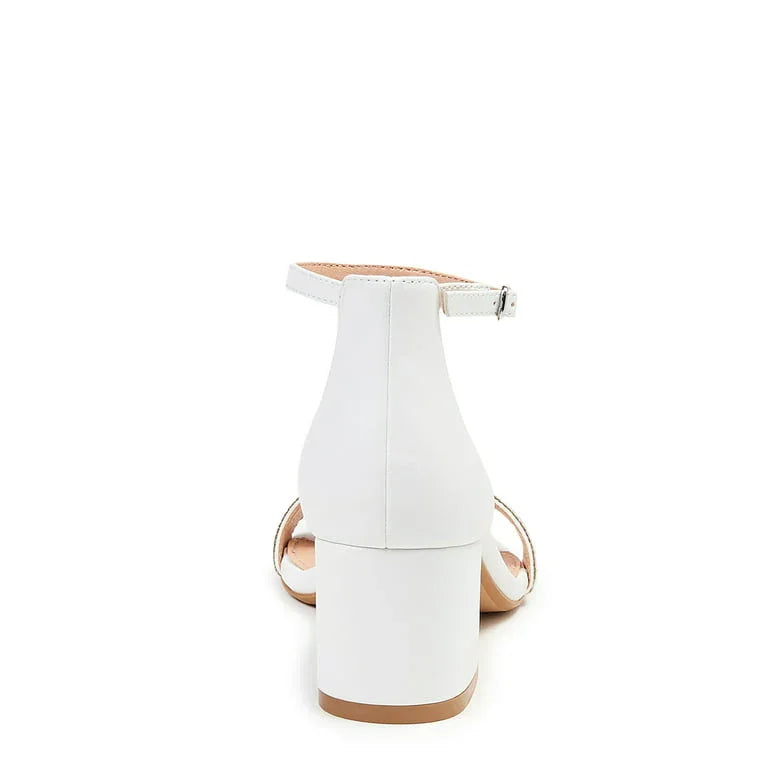 Women’s Pearl Mid Block Heels Sandals White Black Silver Beige - SCSSTORE.PK