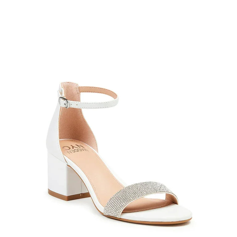 Women’s Pearl Mid Block Heels Sandals White Black Silver Beige - SCSSTORE.PK