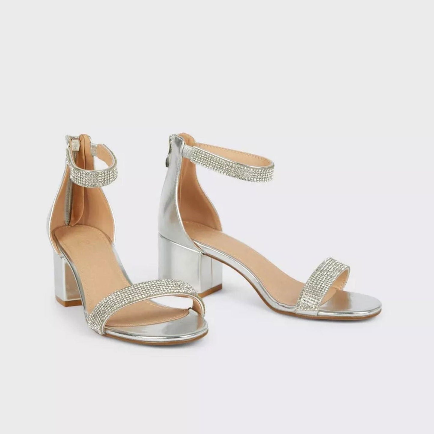 Women’s Pearl Mid Block Heels Sandals White Black Silver Beige - SCSSTORE.PK