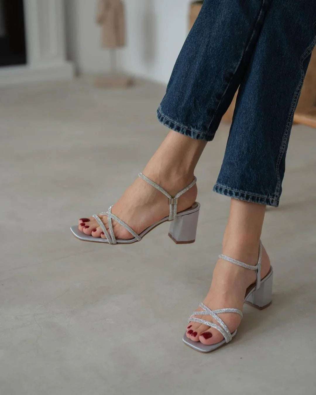Women’s Rhinestone 3 Inch Block Heels Fairy Style Chunky Faux Suede Sandals Black White Silver - SCSSTORE.PK
