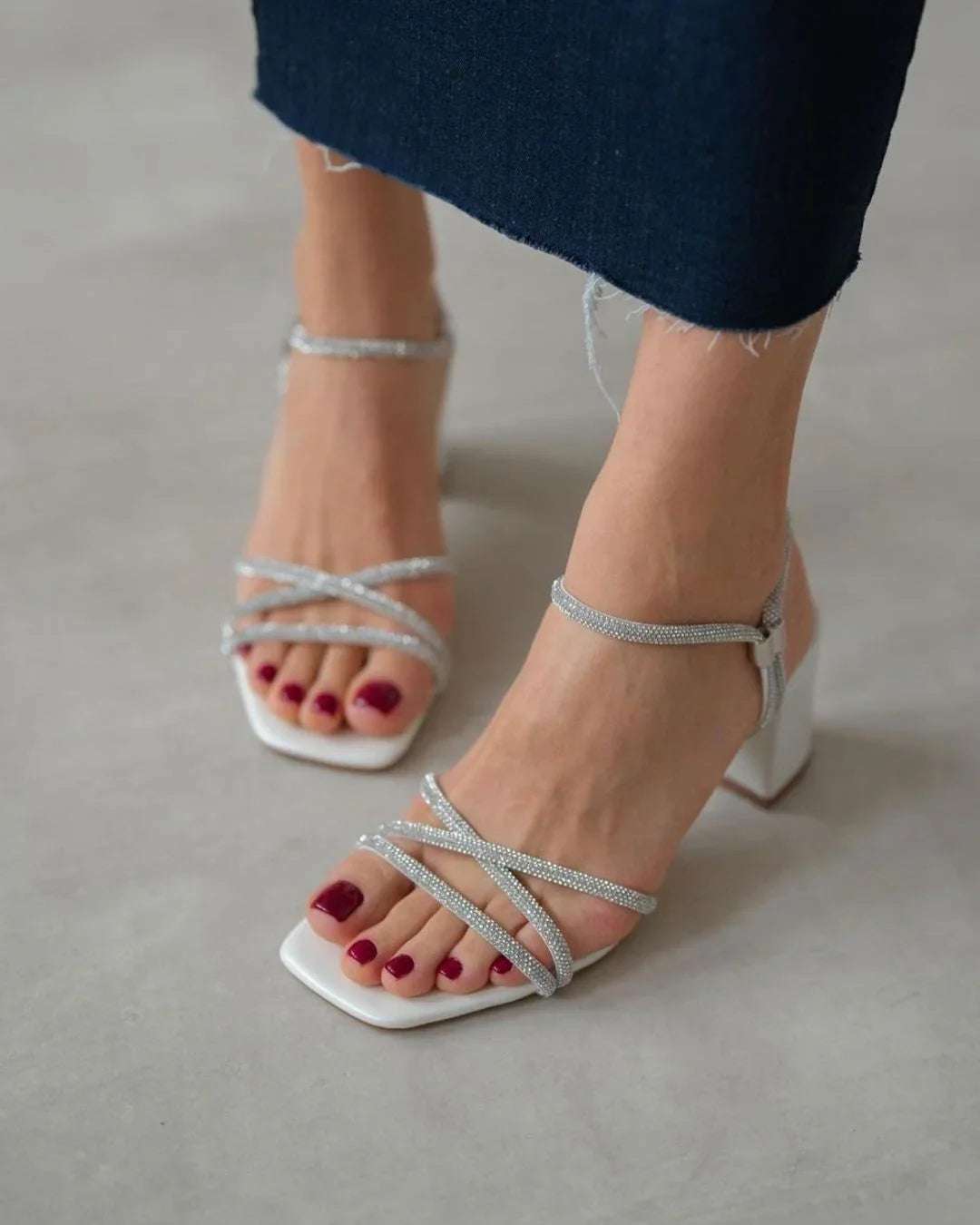Women’s Rhinestone 3 Inch Block Heels Fairy Style Chunky Faux Suede Sandals Black White Silver - SCSSTORE.PK