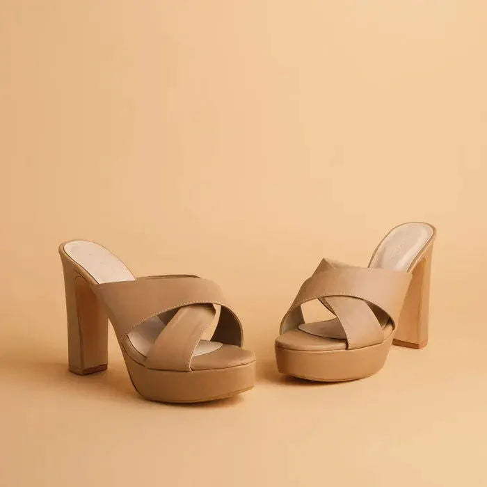 Women’s Silver Cross Strap Open Toe Block Heels 4-Inch Bridal Party Sandals - SCSSTORE.PK