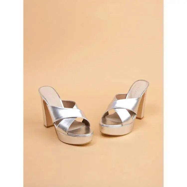 Women’s Silver Cross Strap Open Toe Block Heels 4-Inch Bridal Party Sandals - SCSSTORE.PK