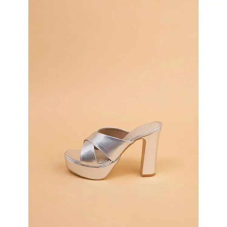 Women’s Silver Cross Strap Open Toe Block Heels 4-Inch Bridal Party Sandals - SCSSTORE.PK