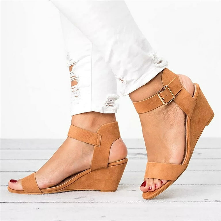 Women’s Mid Wedge Sole Heels Sandals Comfortable Black Red Brown - SCSSTORE.PK