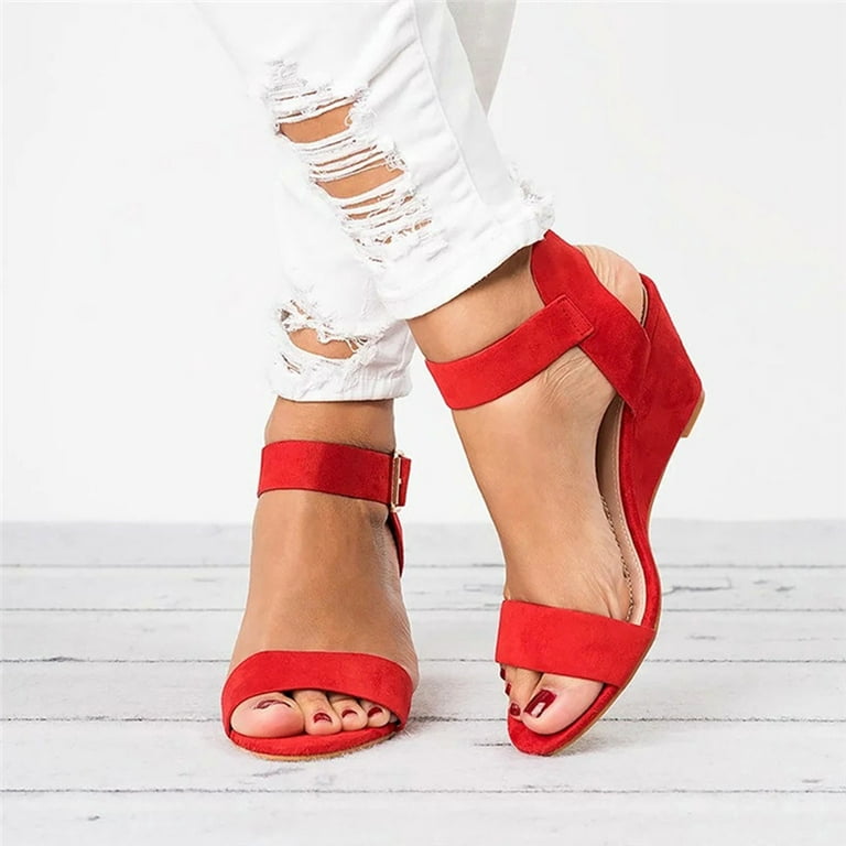 Women’s Mid Wedge Sole Heels Sandals Comfortable Black Red Brown - SCSSTORE.PK