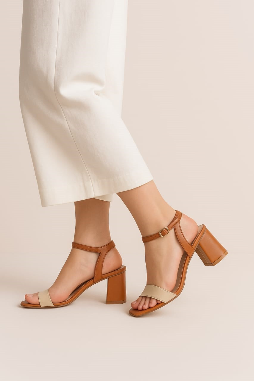 Women’s Brown and Beige Block Heel Sandals – Elegant Formal and Party Wear Heels - SCSSTORE.PK