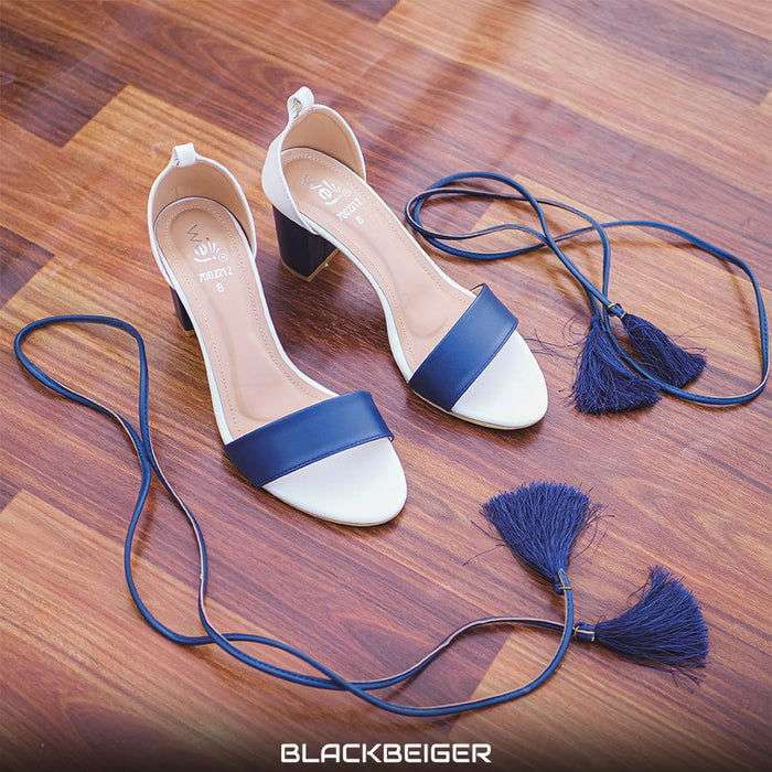 Women’s White Blue Contrast Block Heel Sandals Party Bridal Office Casual - SCSSTORE.PK