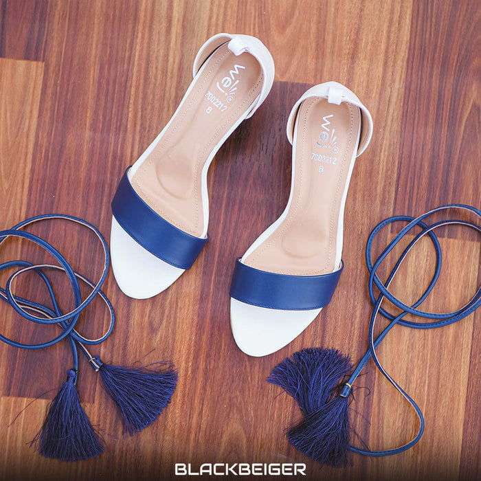 Women’s White Blue Contrast Block Heel Sandals Party Bridal Office Casual - SCSSTORE.PK