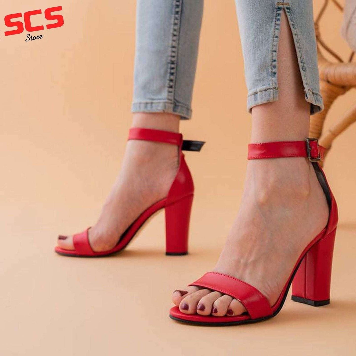 Women’s Comfortable Red Block Heels Sandals – SCS