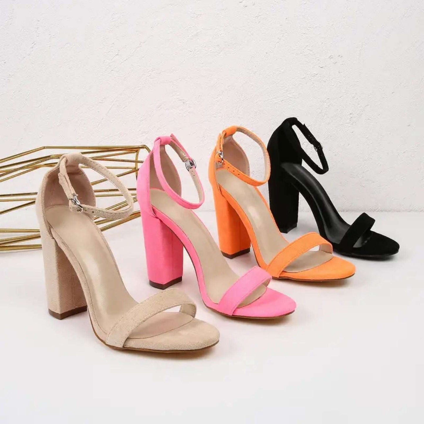Women’s Block Heeled Sandals Open Toe Buckle Strap Heels Black Pink Beige Orange - SCSSTORE.PK