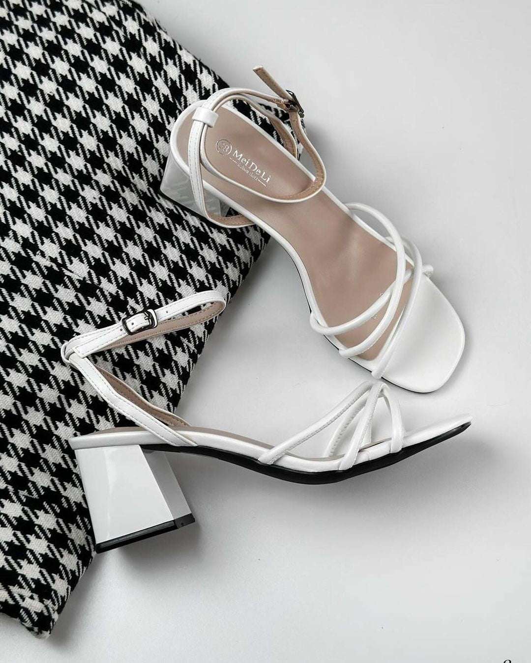 Women’s Striped Cross Block Heel Sandals White SCSSTORE.PK