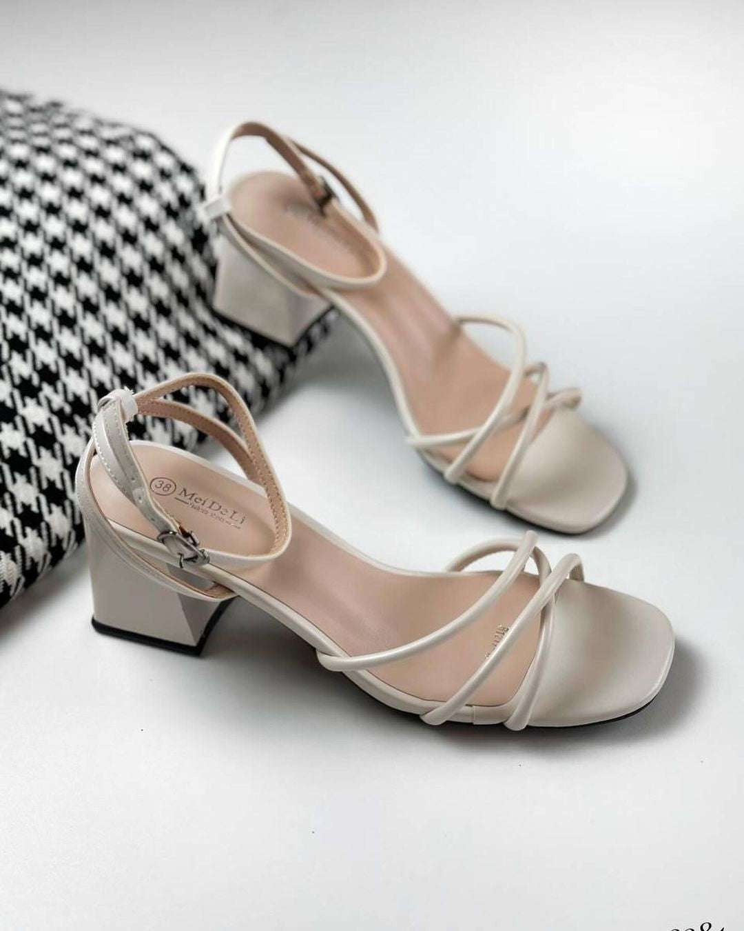 Women’s Beige Striped Cross Block Heel Sandals Party Wear SCSSTORE.PK