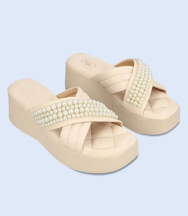 Women’s Luxury Pearl Rhinestone Platform Slipper Heels – Bridal, Party and Office Wear (Sky Blue, Beige) - SCSSTORE.PK