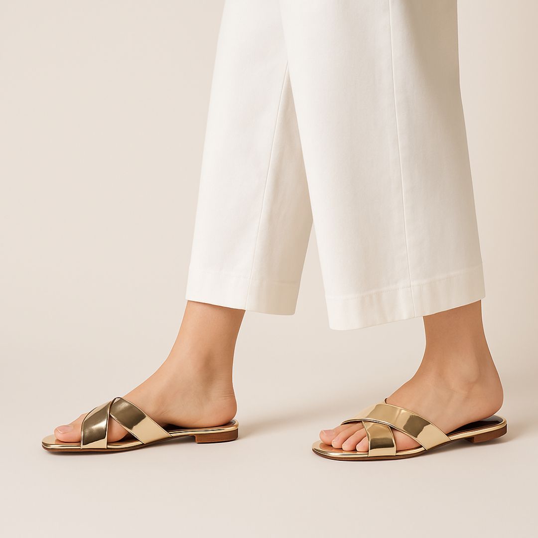 Golden Crisscross Flat Slippers for Women – Elegant Summer Style
