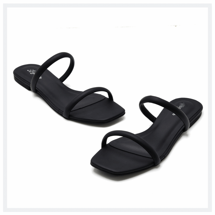Women’s 2 Strip Style Flat Slippers Black Beige Comfortable Casual - SCSSTORE.PK
