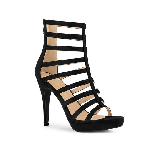 Women’s Black Cross Strap Cut-Out Heels Sandals Back Zipper


