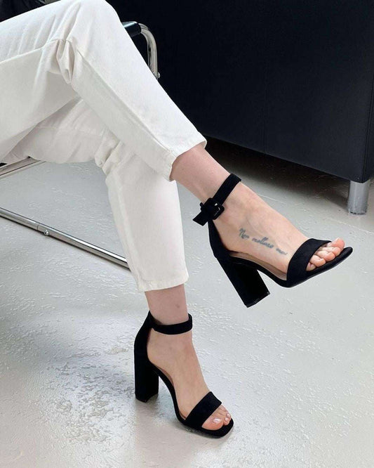 Elegant Black Block Heels – Front Strap and Buckle Design
