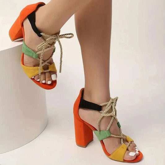 Women’s Multi-Color Cross Strip Lace-Up Block Heels | Elegant & Comfortable - SCSSTORE.PK