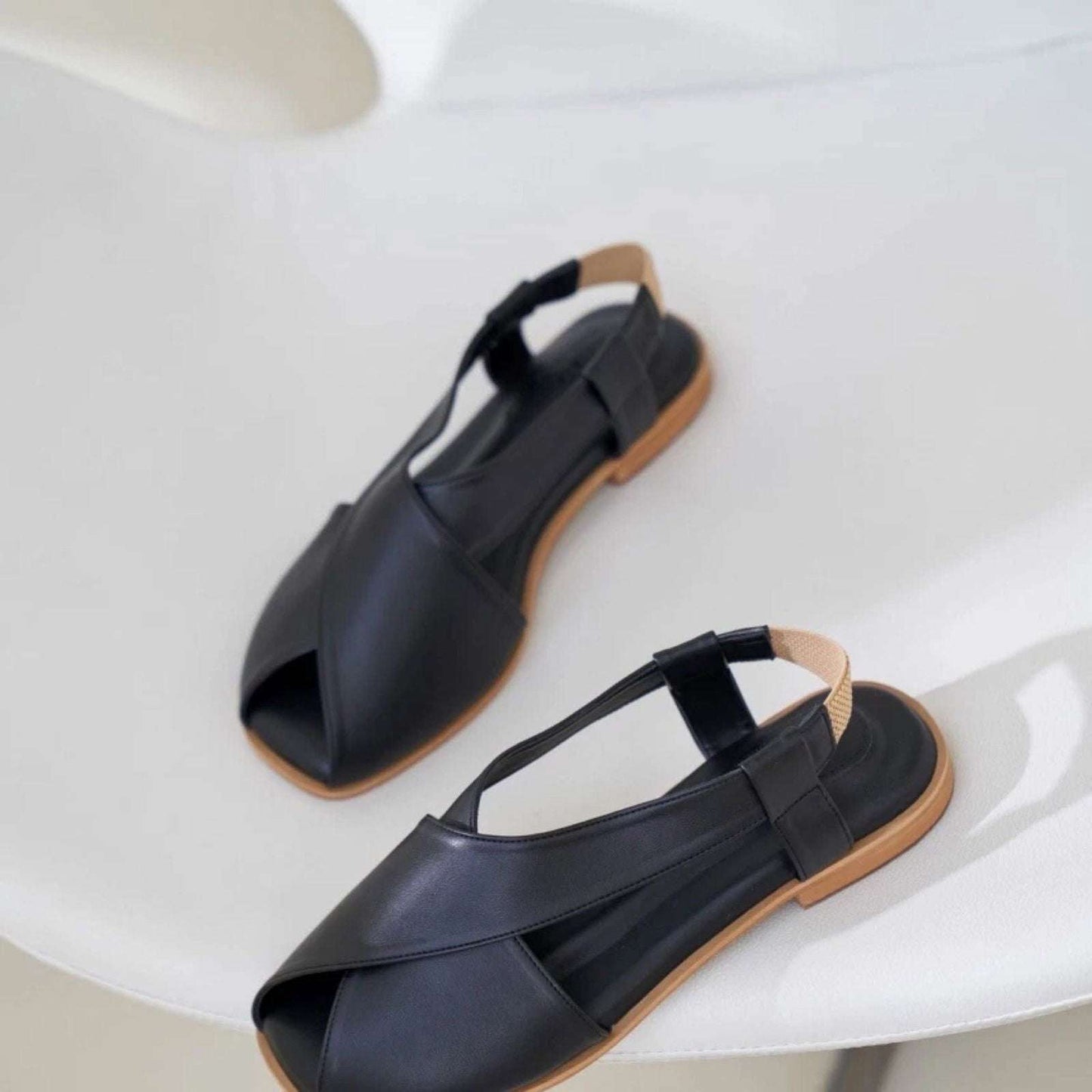 Women’s Kheeri Croissant Cross Strap Flat Sandals Black White Brown Sky Blue - SCSSTORE.PK