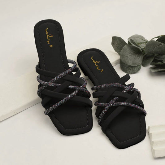 Women’s Cross Over Strap Rhinestone Flat Slippers – Black & Light Green - SCSSTORE.PK