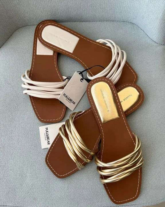 Women’s Curve Strip Fairy Style Casual Slippers – Golden & White - SCSSTORE.PK