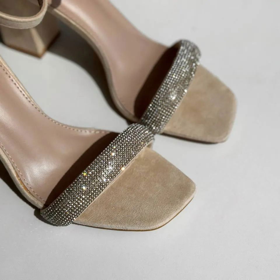 Women’s Fairy Style Rhinestone Chunky Heel Sandals Black Beige Glamorous - SCSSTORE.PK