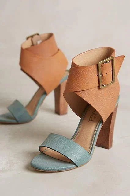 Women’s Faux Suede Wooden Block Heel Sandals Cross Strap 3-Inch Heels - SCSSTORE.PK