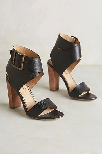 Women’s Faux Suede Wooden Block Heel Sandals Cross Strap 3-Inch Heels - SCSSTORE.PK