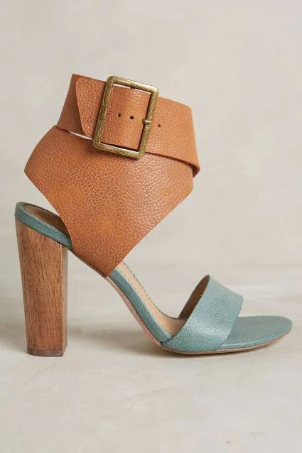 Women’s Faux Suede Wooden Block Heel Sandals Cross Strap 3-Inch Heels - SCSSTORE.PK