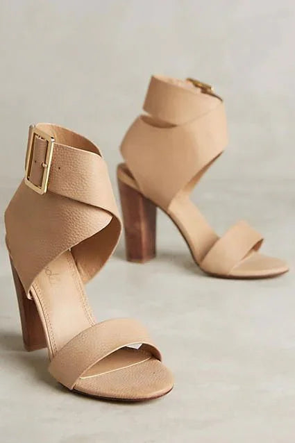 Women’s Faux Suede Wooden Block Heel Sandals Cross Strap 3-Inch Heels - SCSSTORE.PK