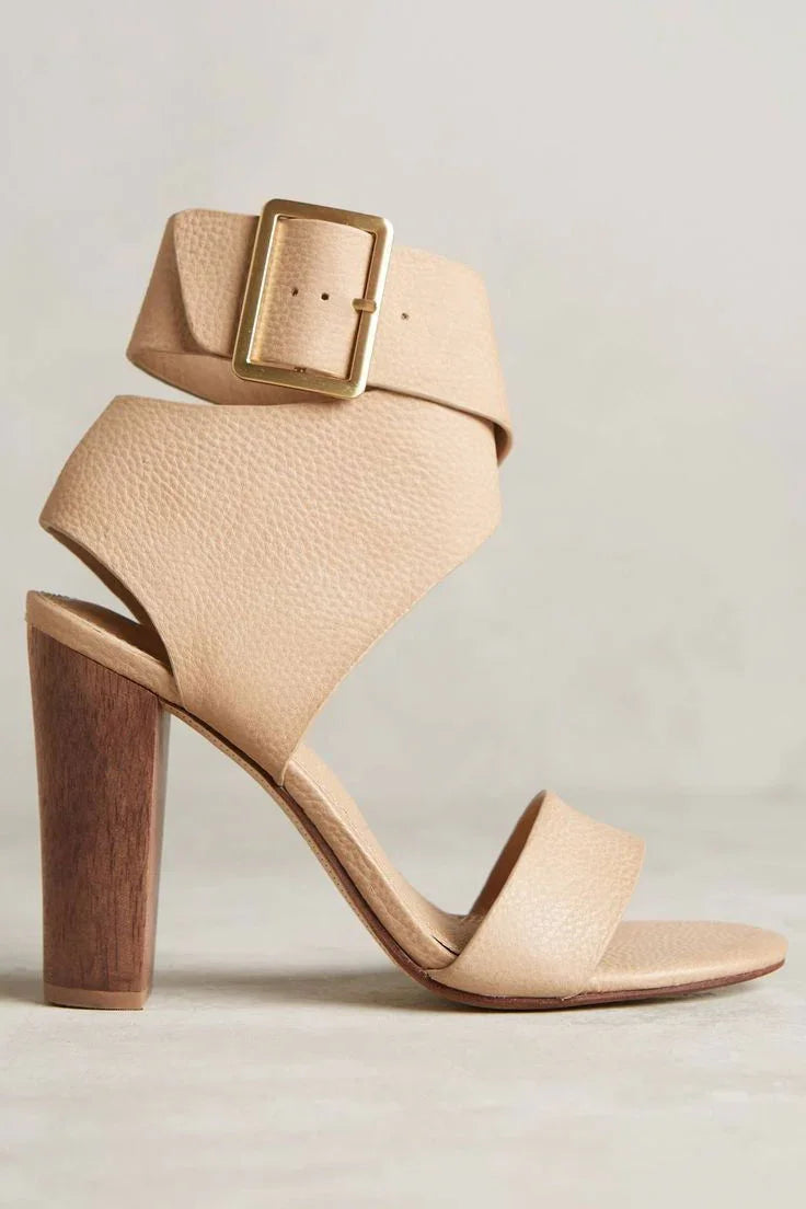 Women’s Faux Suede Wooden Block Heel Sandals Cross Strap 3-Inch Heels - SCSSTORE.PK