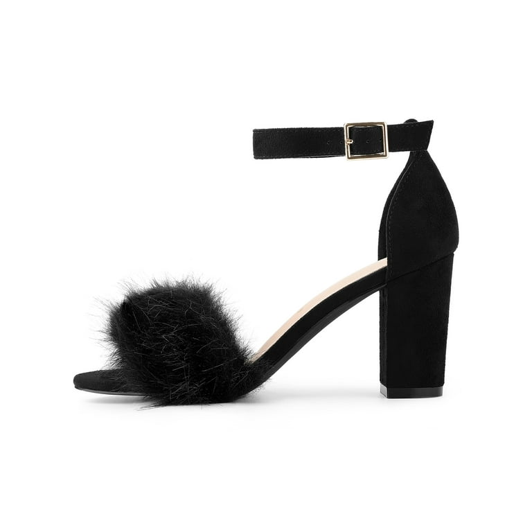 Fluffy Fairy Black Block Heels Sandals for Women

