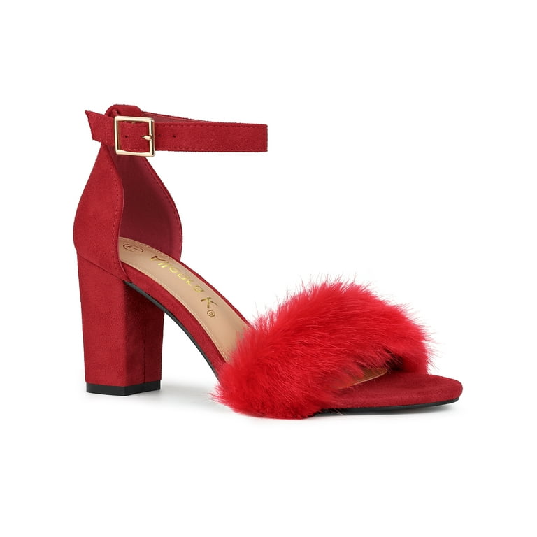 Comfortable Red Block Heels with Soft Fur Strap

