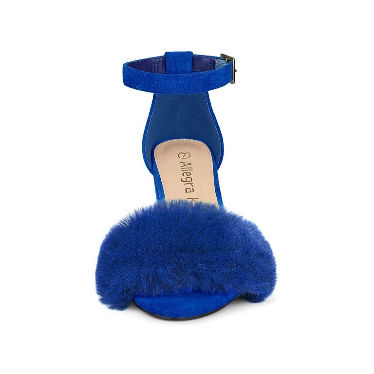 Fluffy Blue Block Heel Sandals with Elegant Design


