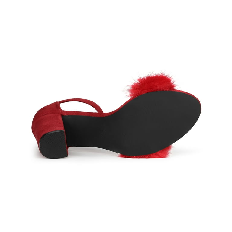 Women’s Fluffy Block Heels Sandal Fairy Style Black Red Purple Grey Beige Pink Green Blue Yellow - SCSSTORE.PK