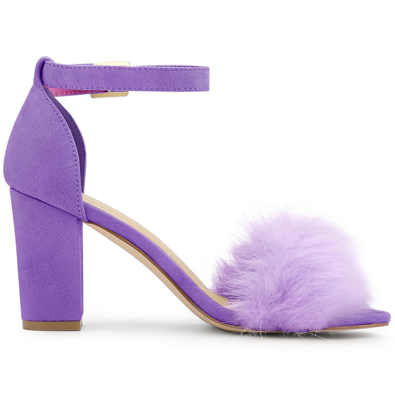 Women’s Fluffy Block Heels Sandal Fairy Style Black Red Purple Grey Beige Pink Green Blue Yellow - SCSSTORE.PK