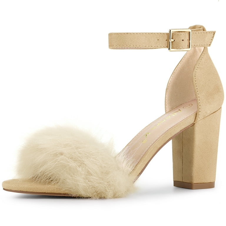 Women’s Fluffy Block Heels Sandal Fairy Style Black Red Purple Grey Beige Pink Green Blue Yellow - SCSSTORE.PK